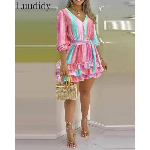 Women Elegant Color Black Ruffles Mini Dress with Belt