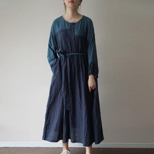 Johnature Spring Leisure Retro O-neck Nine Points Sleeve Patchwork Dress 2021 New Cotton Linen Loose Comfortable Women Dresses