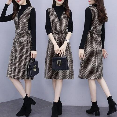 2021 Woolen Plaid Strap Dress Thick Mid-Long A-line Vest Base Shirt Two-piece Suit Women Fall/Winter Fashion Slim Work Set M157