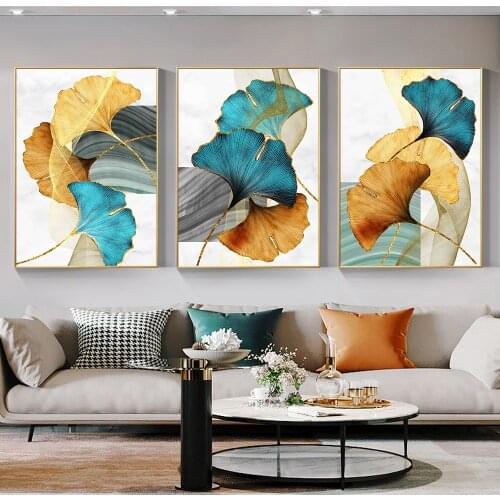 3panel Blue And Yellow Ginkgo Leaves Canvas Printing And Poster Abstract Wall Art For Room Decor Nordic Landscape Wall Painting