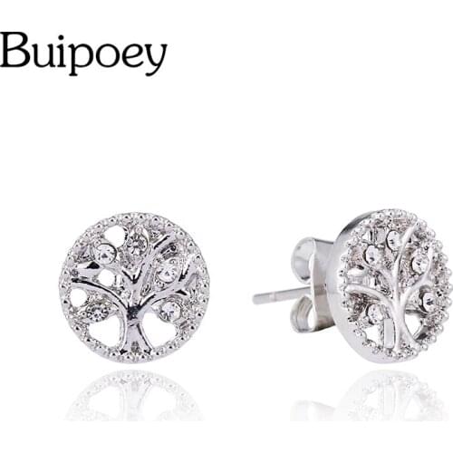 Buipoey Silver Color Tree Of Life Earrings For Women Girl Round Stud Earrings Jewelry Friends Couple Birthday Gift Anti Allergy