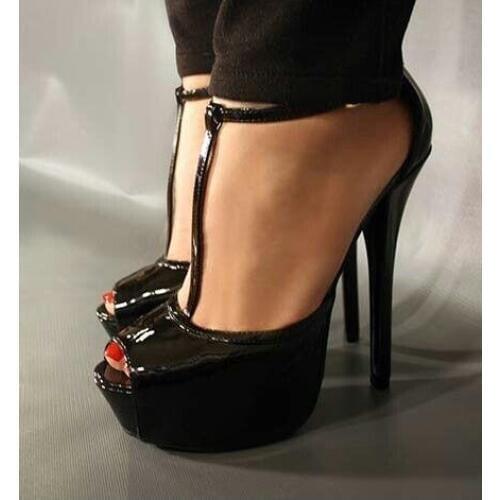 Customized Black Patent Leather T-strap High Heel Shoes Woman Cutouts Super High Dress Heels Peep Toe Platform Pumps Plus Size