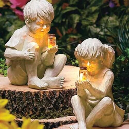 Childrens Resin Figurine with Lighted Jar, for Kids for Garden, Patio, Outdoor Home Decoration
