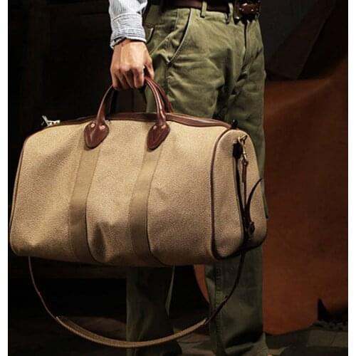New American retro pepper and salt travel bag canvas stitching vegetable tanned cowhide business trip mens portable diagonal