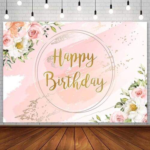 Pink Marble Backdrop Girl Happy Birthday Party Floral Green Leaf Banner Photography Background Photostudio Decor Props Photozone