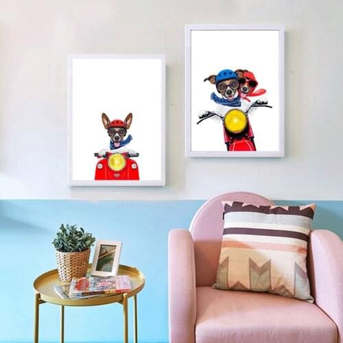 Lovely Happy Bulldog On Motorcycle Cute AnimalsCanvas Painting Prints Poster kid Room Home Decor Wall Art Pictur Free Shipping