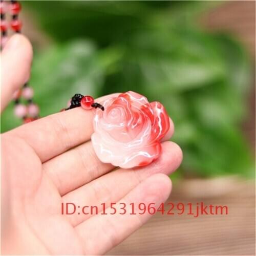 Hand Red for Necklace Men Fashion Pendant Carved Jade Flower White Charm Chinese Women Rose Amulet Gifts Jadeite Natural Jewelry