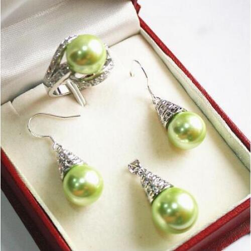 Hot sell new - Hot! elegant new jewelry silver plated + 12mm green shell pearl pendant, earring, , ring set