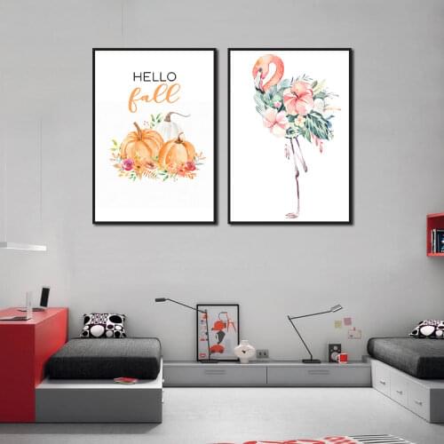 Scandinavian Style Minimalist Poster Pumpkin Flowers Flamingo Canvas Painting Wall Art Animals Pictures for Home Room Summer