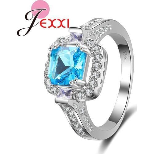 Fashion Square Cut Clear Light Blue Crystal Shiny Rhinestone Women Wedding Engagement Rings Classic Silver Jewelry