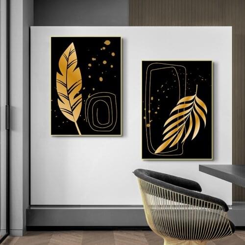 Trendy Creative Black Abstract Poster Golden Plant Leaf Shapes Wall Art Canvas Painting Modern Print Living Room Decoration
