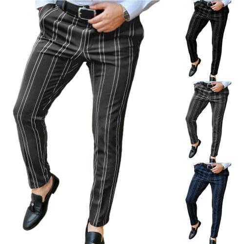Mens Formal Business Casual Striped Skinny Long Trousers Office Slim Fit Pants
