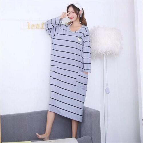 Nightgown plus size loose plus fat pregnant women long section Korean striped simple home service elegant night gown pijamas