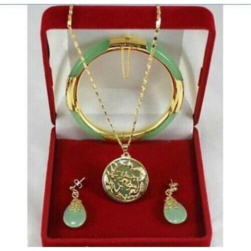 Charming green jade Dragon Phoenix pendants necklace earring bracelet set