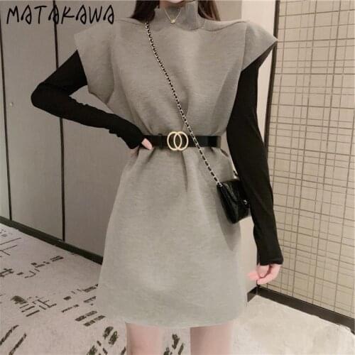 Matakawa Dress Autumn Korean Turtleneck Sleeveless with Sashes High Waist Slim Elegant Vestidos Korean Solid Dresses for Women