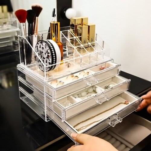 Transparent Acrylic Jewelry Storage Box Make Up Organizer Set Lipstick Necklace Ring Storage 3-layer Flannel Drawer Storage Rack