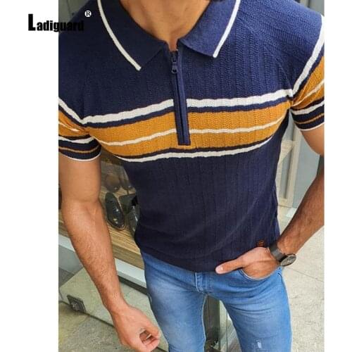 Ladiguard Plus Size Men Fashion Stripe Polo Shirt Men Clothing 2021 Summer Casual Slim T-shirt Short Sleeve Zipper Top Pullovers