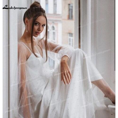 A-Line Tull Wedding Dresses Illusion Puff Sleeve Appliques Short Peals Sweetheart Neck Ankle Length Bridal Gown Sling Petticoat