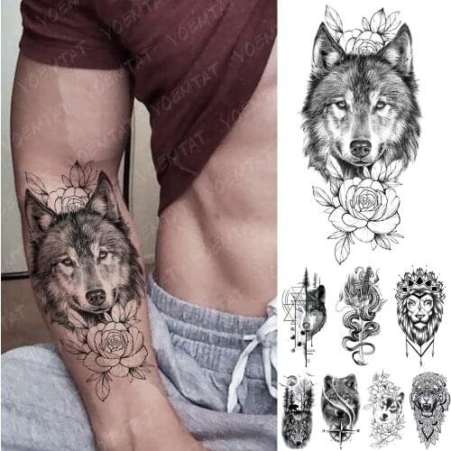 Waterproof Temporary Tattoo Sticker Geometric Wolf Dragon Lion Tattoos Forest Tiger Body Art Arm Fake Sleeve Tatoo Women Men