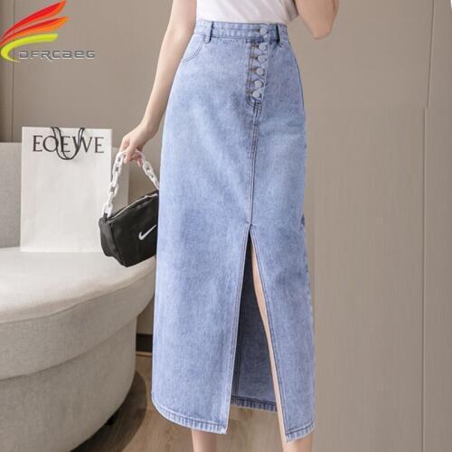Long Denim Skirt Women 2020 High Waist Maxi Jeans Skirt With Slit Buttons Straight A-line Pencil Skirts Womens Elegant