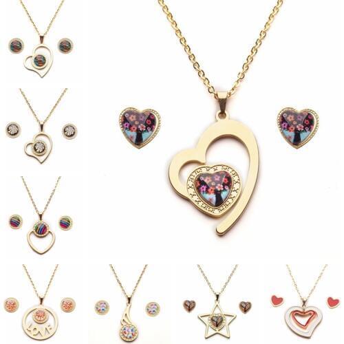 Yunkingdom 16 Styles Fashion Love Heart Titanium Stainless Steel Jewelry Sets for Women and Men Stud Earrings Necklaces Pendants
