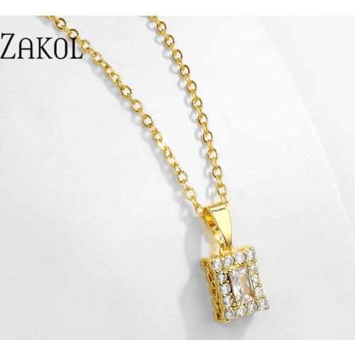 ZAKOL New Square Shaped White Cubic Zirconia Pendant Necklace for Women Fashion Elegant Bridal Wedding Jewelry FSNP2148