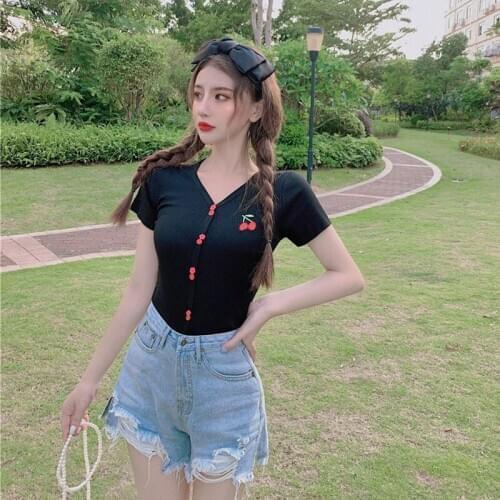 Women Fashion V-Neck Slim Short Cherry Embroidered Plus Size Tee 2021 Summer Korean Sweet Style Short Sleeve Ribbed T-shirt