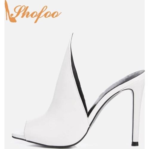 White High Heels Peep Toe Women Mules Pumps Slip On Large Size 14 15 Ladies 2021 Summer New Fashion Casual Mature Shoes Shofoo