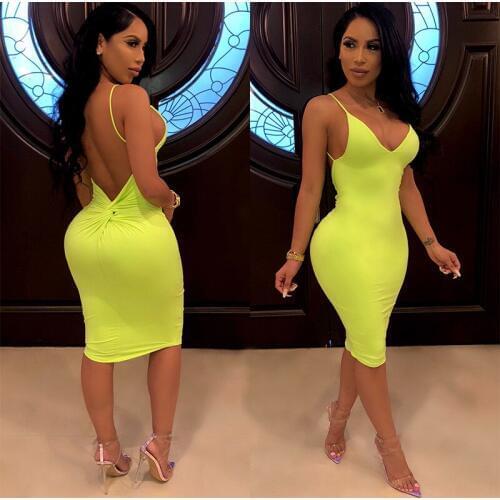 2019 Summer Women Spaghetti Strap Dress Sexy Backless V-neck Bodycon Dress Slim Sheath Elegant Evening Party Dress Vestidos