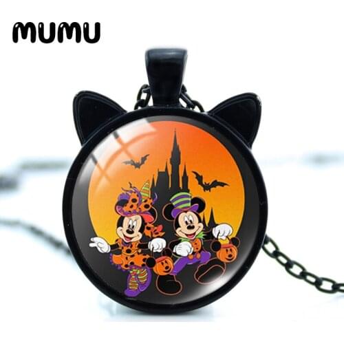 2021 New Halloween Mickey and Minnie Mouse Cat Ear Necklace Glass Dome Pendant Round Photo Jewelry Gifts Girl