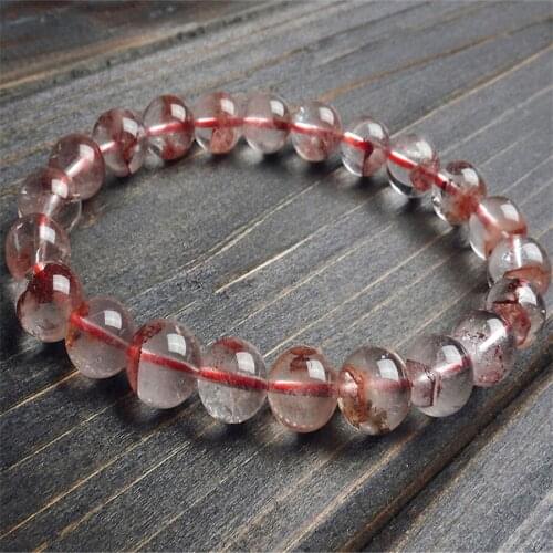 9.5mm Genuine Natural Red Phantom Quartz Volcanic Ash Crystal Stretch Charm Clear Round Bead Bracelet