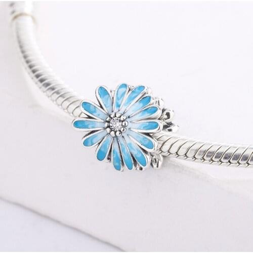 925 Sterling Silver CZ Zircon Blue Daisy Flower Pendant Charm Bracelet DIY Jewelry Making For Pandora Original Accessories