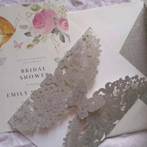 Glitter Silver Laser Cut Wedding Invitation Cards With Butterfly Lace Flower for Bridal Shower Birthday