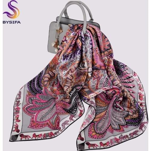 BYSIFA|National Style Big Plaisley Square Scarves Hijabs 2021Fashion Grey Pink Neck Scarf Ladies Pure Silk Scarf Shawl 110*110cm