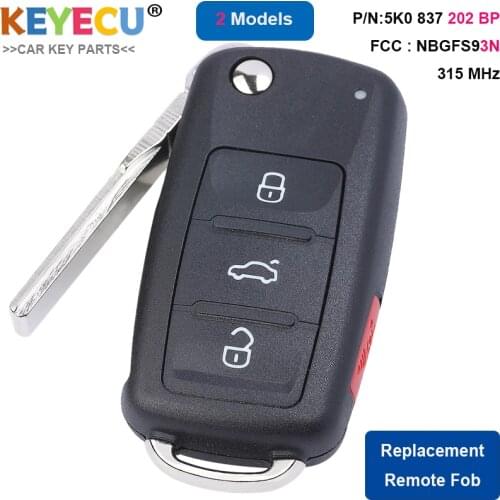 KEYECU Smart Keyless Remote Key Fob NBGFS93N for Volkswagen Jetta Passat 2012-2019 315MHz 5K0837202BP 5K0 837 202 BP ID48 Chip