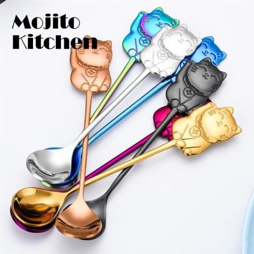 304 Stainless Steel Cute Luck Cat Coffee Stirring Spoon Cartoon Dessert for Tableware Kitchen Supplies Ice Cream