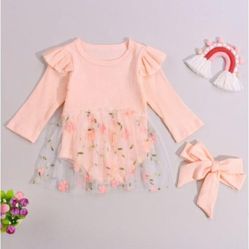 2Pcs Baby Spring Autumn Outfit Jumpsuit , Lovely Flower Mesh Splicing Long-Sleeve Bodysuit + Hairband for Toddler Girls