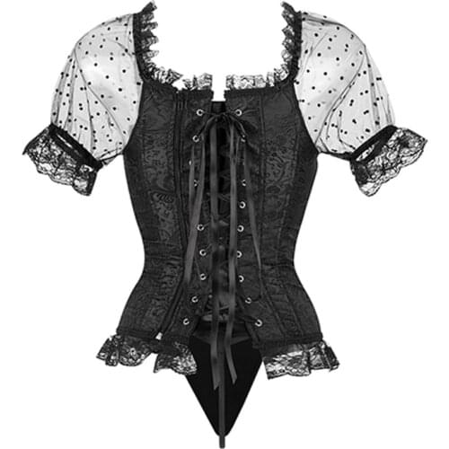 Fiber Win Corset Lace Transparent Short Sleeve Bustier Women Jaceuard Floral Victoriano Bustier Sexy Top White Black Blue Korset