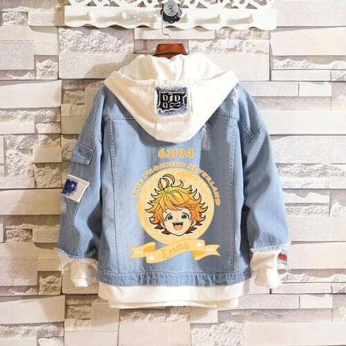The Promised Neverland Denim Jackets Fake Two Piece Emma Print Women Men Loose Casual Spring Autumn Kawaii Jeans Coat Top 2021