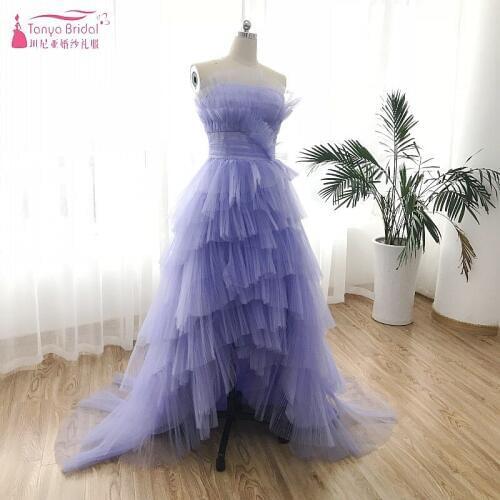 Lavender Hi-Lo Sexy Prom Dresses 2018 Sweep Train Strapless Formal Evening Gowns Short Front Long Back Dress DQG302