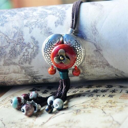 Fashion Metal Alloy Fish Ceramic Necklace Handmade Porcelain Beads Pendant Long Sweater Necklace For Women Girls Gift