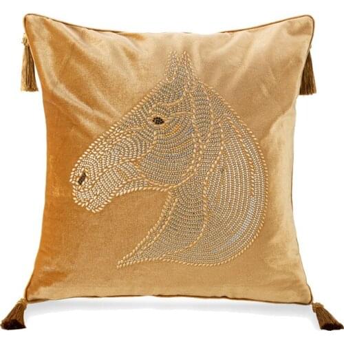 Horse Head hotfix rhinestone Pillow Case With Tassles Yellow European Luxury Cushion Cover Sofa Home Decor 60X60cm/50X50cm