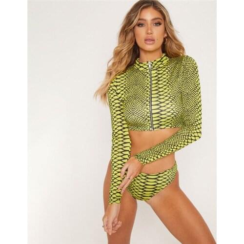 Newest Snake skin print Sexy bikini set Summer women Padded long sleeve top thong Zipper swimsuits biquinis maillot de bain 2019