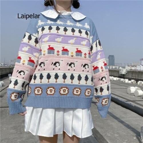 Autumn Vintage Ladies Sweaters Thick Pullover Winter Warm Knitting Jumper Soft Long Sleeve Sweater Lovely Japanese Top