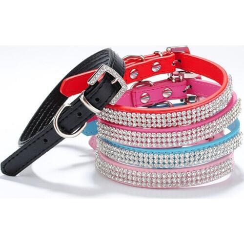 Dog Collar PU Leather Rhinestone Diamante Pet Puppy Cat Fashion Necklace Mix Colors 3 Rows Bling Rhinestone Pet Collars