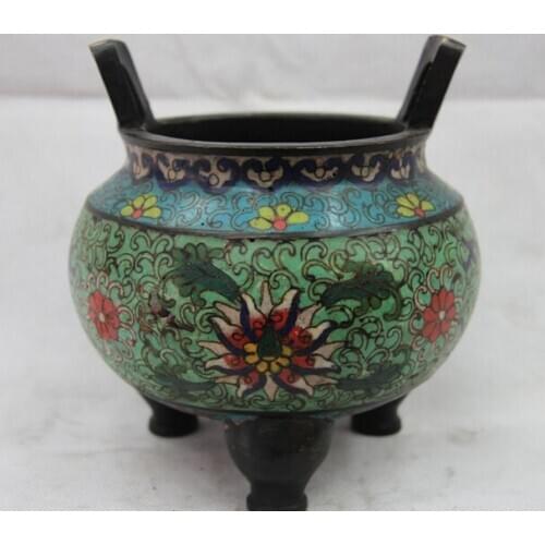 Song voge gem S1342 Chinese Bronze Copper Cloisonne Flower Two Ear 3 Feet Ding Incense Burner Censer