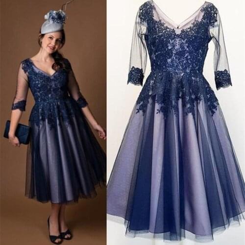Navy Blue Tea Length Mother of the Bride Dresses Plunge V Neckline Lace Wedding Guest Gowns with 3/4 Sleeves vesrido madrinha
