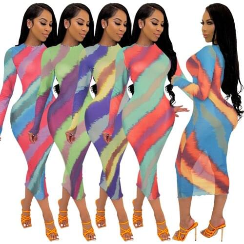 Sexy Striped Mesh Long Dress Women Fashion Printed Bodycon Club Dresses Long Sleeve O Neck See Through Sundresses Party Clohtes