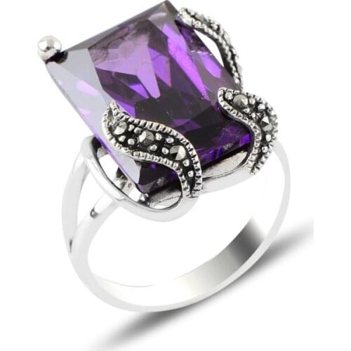 Silver 925 Sterling Marcasite & Zircon Crystal Ring