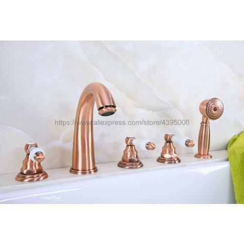 Deck Mounted Widespread Bathtub Faucet 3 Handles Bath Shower Mixers with Handshower 5 Hole Roman Tub Mixer Taps Btf231